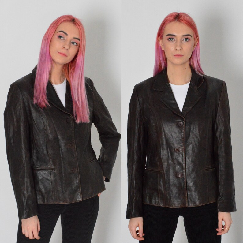 Vintage 90s Brown Grunge Button Front Slim Leather Jacket Size SM