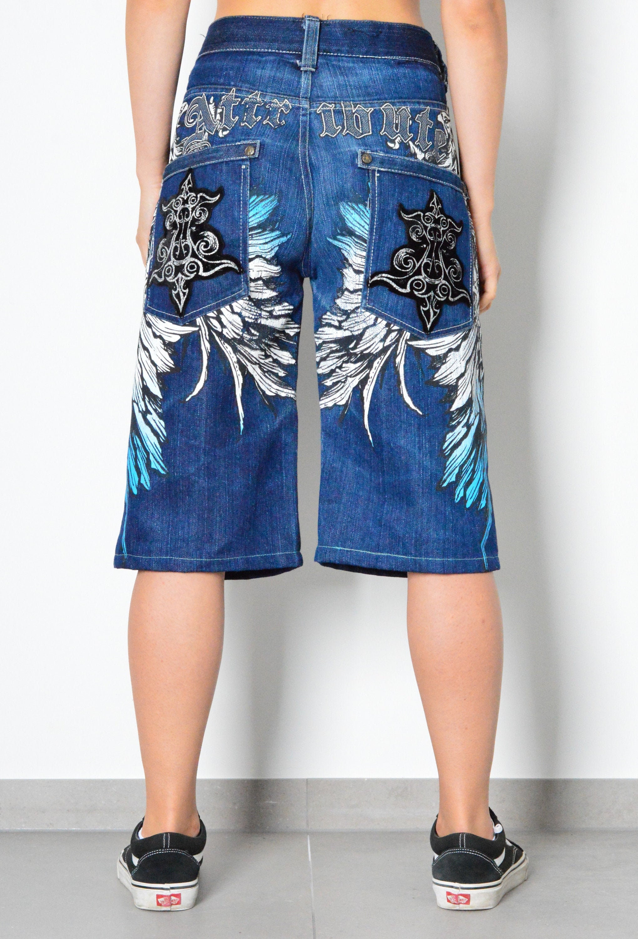 Y2K Unisex Dark Blue Black White Attribute Back Men Shorts Etsy