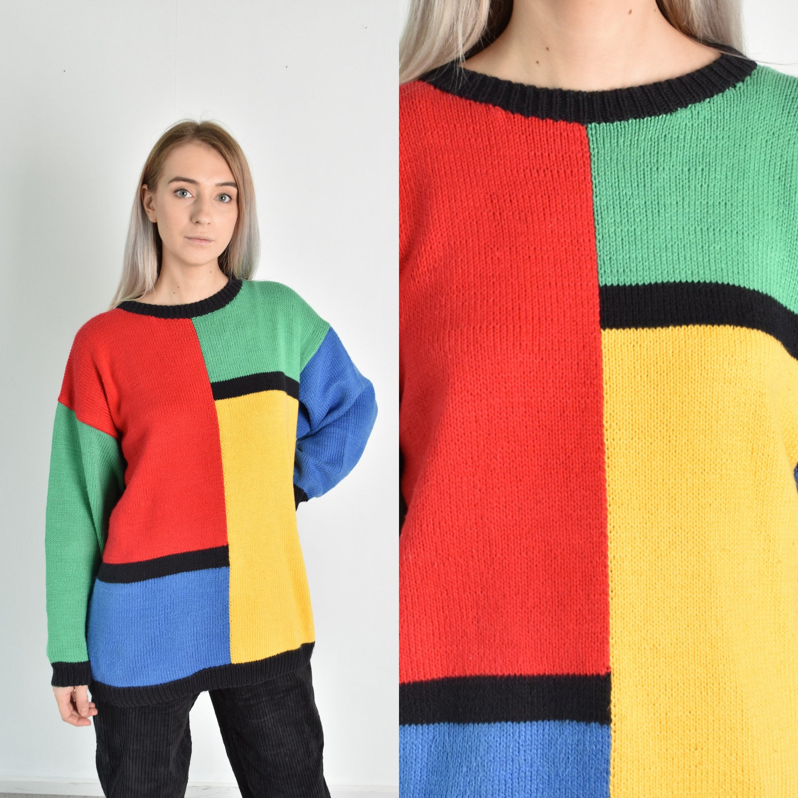 Vintage 90s Colorful Red Green Blue Yellow Knit Jumper | Etsy