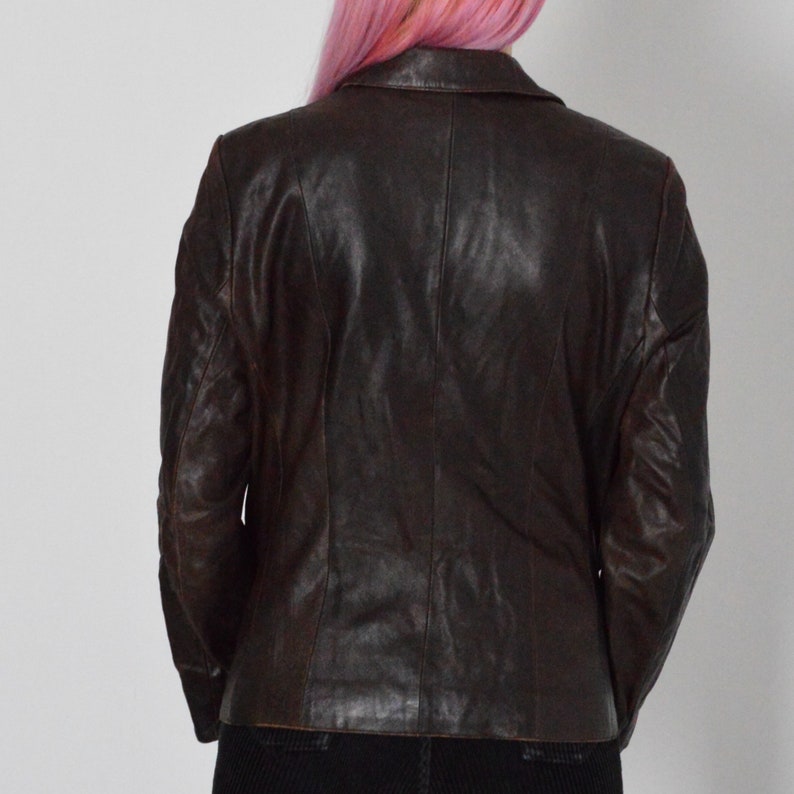 Vintage 90s Brown Grunge Button Front Slim Leather Jacket Size SM