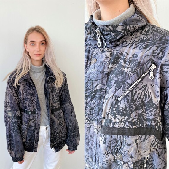 Vintage 90s Grey Black Beige Abstract Zip Jacket