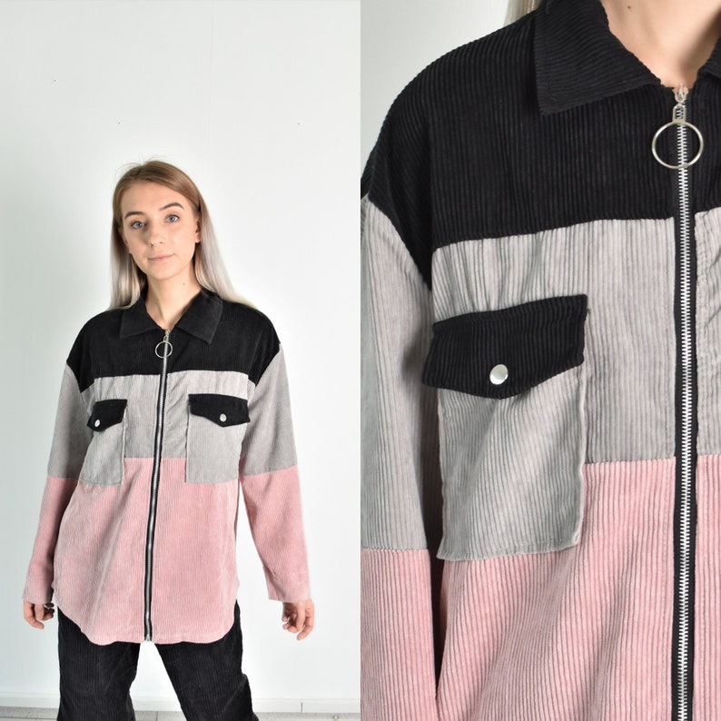 Y2K Pink Black Grey Corduroy Long Sleeve Blouse