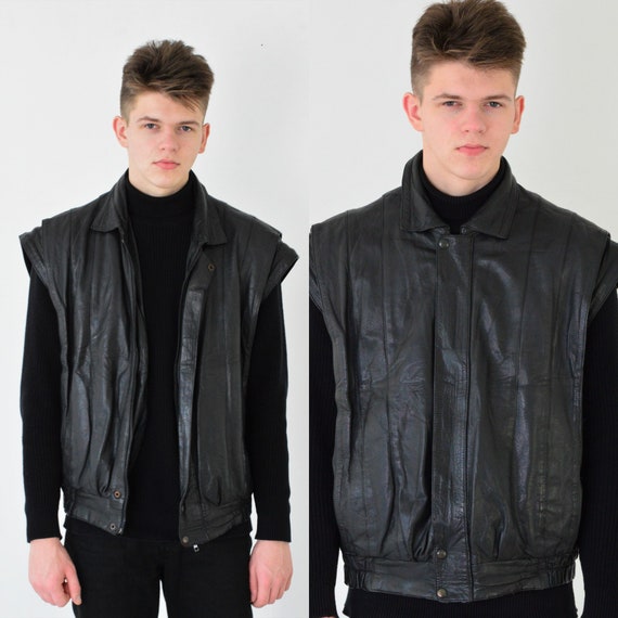 Vintage 90s Men Black Leather Zip Minimalist Vest