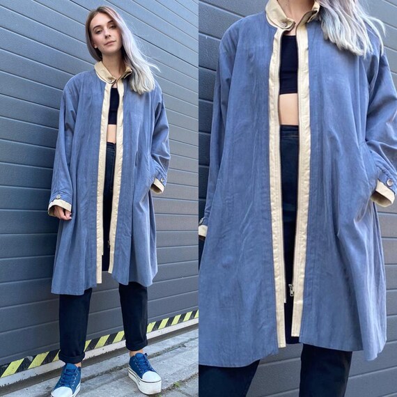 Vintage 90s Blue Beige Long Trench Coat