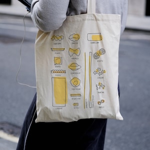 Pasta Illustration Cotton Tote Bag / Pastel Yellow Pasta Print / Italian food / Food lover gift idea / Shopper bag