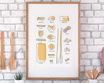 Pasta chart - A4/A3 digital print, continuous line illustration, kitchen decor, art print, food art.
