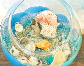 Coastal Encaustic Art: Miami Beach Glass Terrarium with Stand
