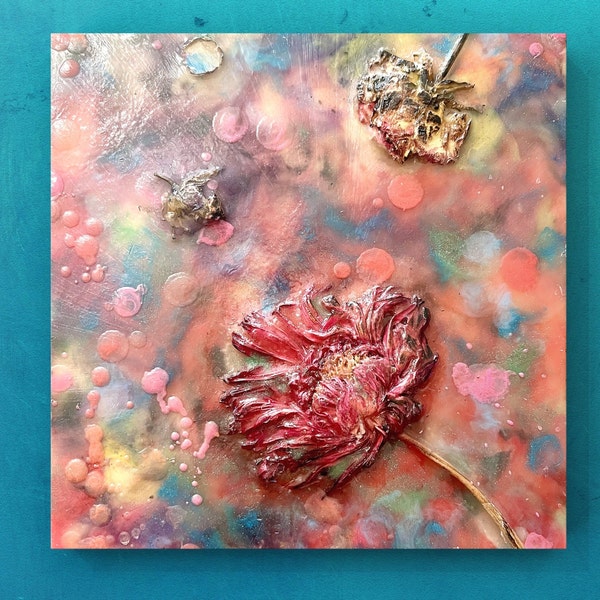 Flower Art, Dried Flowers, Original Painting, Floral Wall Art, Textured Painting, Gift for Mother's Day, Gift For Anniversary, Encaustic