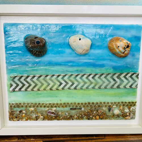 Seashell Wall Art Decor, Living Room Wall Decor, Birthday Gifts, shops Beachy Painting, Coastal Home Decor, Encaustic Art, Holiday Gifts, Office