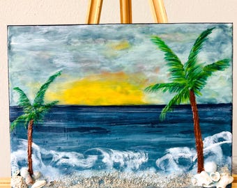 Muurkunstwerk eiland Antigua, housewarmingcadeaus kust, palmzeegezichten, reisgeheugencadeaus, cadeau strandvakantie