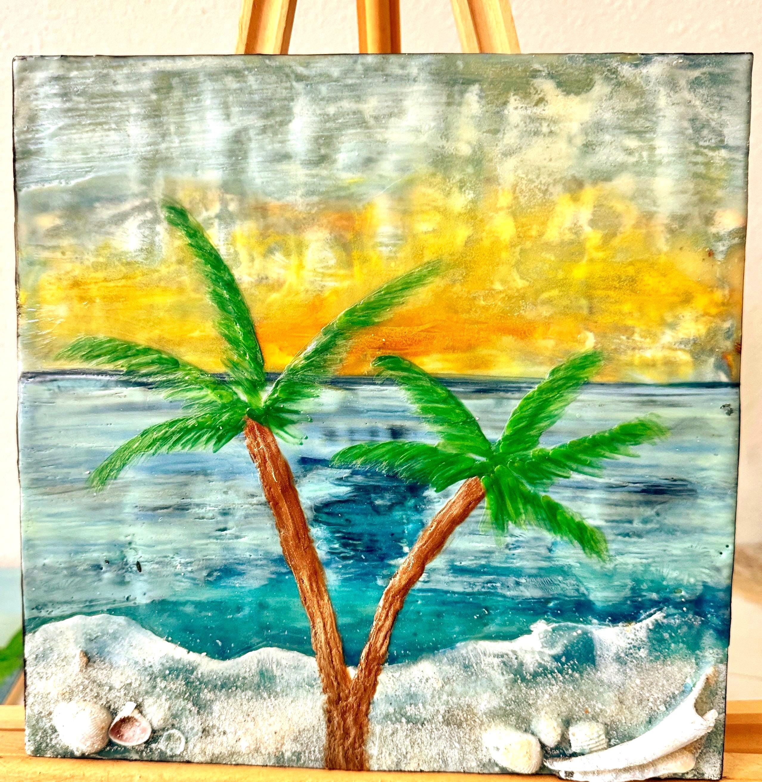 Destin Florida Beach Art, Seascape Encaustic Painting, Real Sand Shells, 10x10 Panel