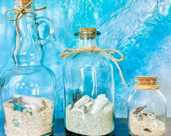 Caribbean Beach Sand Bottle, Coastal Home Decor, Beach Gifts, Travel Gift, Ocean Glass Bottle, Anniversary Gift, Real Seashell Art,