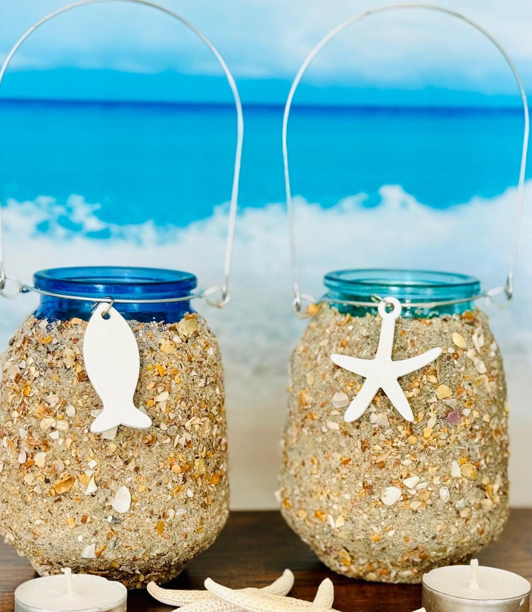 Beach Lantern Glass Candleholder, Set of Two Coastal Candles, Beach ...