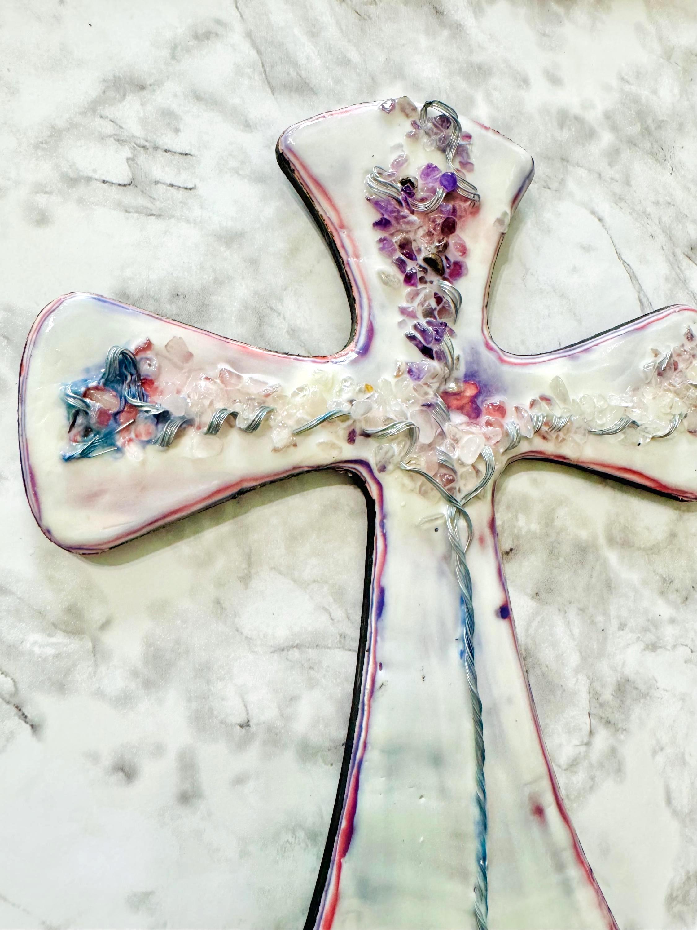 Encaustic Art Crystal Cross, Tree of Life Spiritual Wall Decor, Amethyst Quartz Home