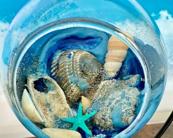 Beach Glass Terrarium Art: New York Sand & Seashells, Coastal Decor