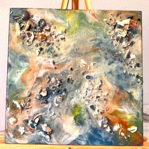 Arte de parede abstrata com textura oceânica, obra de arte com conchas, decoração costeira para casa, presentes para casa de praia, presente de boas-vindas.