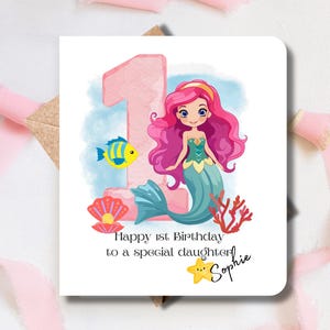 Carte pour le premier anniversaire d'une petite fille personnalisée juste pour elle. sirène, fille, soeur, nièce, petit-fils, filleul, petite fille spéciale