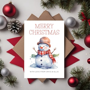 Lot de cartes de Noël personnalisées en forme de bonhomme de neige à l'aquarelle pour votre famille et vos amis. Idéale pour une première carte de Noël à envoyer à la famille.