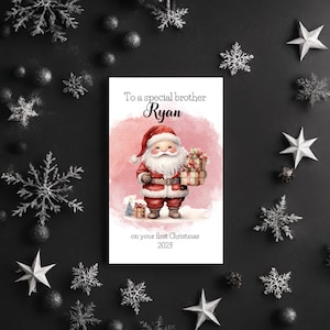 Première carte de Noël personnalisée pour bébé garçon, représentant le père Noël, personnalisez à qui vous l'envoyez, fils, frère, petit-fils, arrière-petit-fils