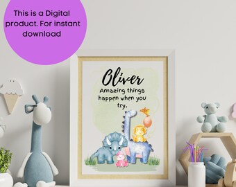Personalized nursery print colorful, Daily inspirational quote, Baby boy, Baby girl. Toddlers room, nursery decor, Dinosaur friends