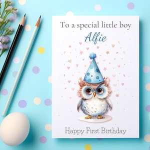 Carte d'anniversaire personnalisée pour garçons. une chouette mignonne, personnalisez à qui vous l'envoyez, fils, frère, petit-fils, arrière-petit-fils, neveu,