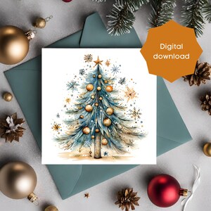 Printable Card PDF featuring a beautiful Christmas tree in watercolors, Lastminute card, printablecards that are unique, Holiday cards
