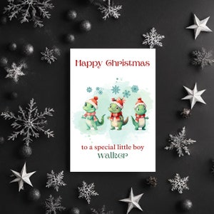 Carte de Noël personnalisée, représentant 3 adorables dinosaures, personnalisez à qui vous l'envoyez, fils, petit-fils, neveu, cousin filleul