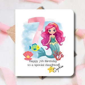 Carte pour le 7e anniversaire d'une fille personnalisée rien que pour elle. sirène, fille, soeur, nièce, petit-fils, filleul, petite fille spéciale