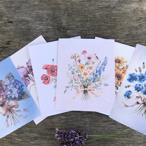 Cartes de voeux vierges et enveloppes à thème floral, tournesols iris, pavot du Canada, fleurs sauvages, bleuet, hortensia, paquet de 6 cartes