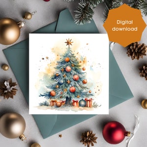 Printable Card PDF featuring a beautiful Christmas tree in watercolors, Lastminute card, printablecards that are unique, Holiday cards