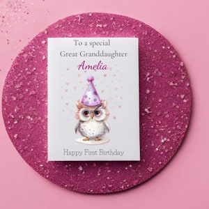 Carte d'ANNIVERSAIRE personnalisée pour fille. une chouette mignonne, personnalisez à qui vous l'envoyez, fille, petite-fille, arrière-petite-fille,