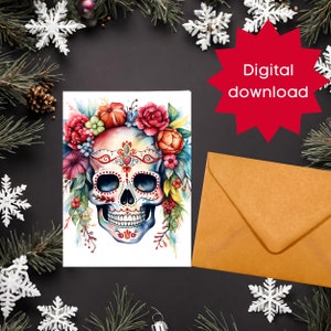 Afdrukbare kaart PDF met een prachtige Lastminute-kaart met kerstsuikerschedel, afdrukbare kaarten die net iets anders zijn, feestdagen