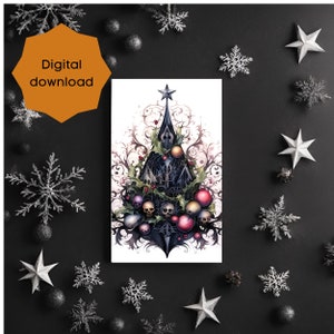 Afdrukbare kaart PDF met een prachtige Goth-kerstboom Lastminute-kaart, afdrukbare kaarten die net iets anders zijn, feestdagen