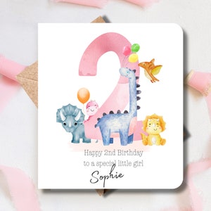 2e (deuxième) carte d'anniversaire de bébé fille personnalisée juste pour elle. Dinosaure, fille, sœur, nièce, petit-enfant, filleul, arrière-petite-fille