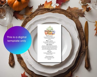 Editable Thanksgiving menu, menu template that is printable, add your own text, DIY print or professional printing, Friendsgiving meal,