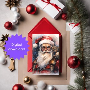 Afdrukbare kaart PDF met een prachtige Steampunk-kerstman, Lastminute-kaart, afdrukbare kaarten die net iets anders zijn, kerstkaarten
