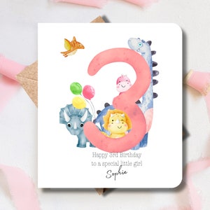 Carte d'anniversaire pour le 3e (troisième) anniversaire d'une petite fille personnalisée rien que pour elle. Dinosaure, fille, soeur, nièce, petit-enfant, filleul, carte souvenir