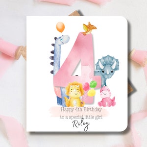 4e (quatrième) carte d'anniversaire pour fille personnalisée juste pour elle. Dinosaure, fille, soeur, nièce, petit-enfant, filleul, carte souvenir de 4 ans