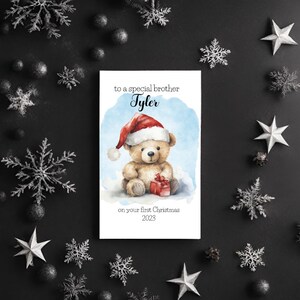 Carte personnalisée pour le premier Noël d'un bébé garçon, avec ours en peluche, personnalisez à qui vous l'envoyez, fils, petit-fils, petit garçon spécial, cousin
