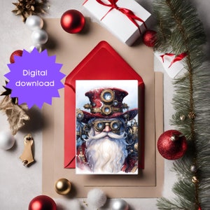 Afdrukbare kaart PDF met een prachtige Steampunk-kerstman, Lastminute-kaart, afdrukbare kaarten die net iets anders zijn, kerstkaarten