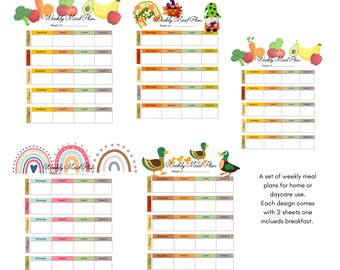 Daycare meal planner, a set of 5 different designs, perfect for home or daycare or school, fun designs that will look good in your kitchen.