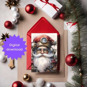 Afdrukbare kaart PDF met een prachtige Steampunk-kerstman, Lastminute-kaart, afdrukbare kaarten die net iets anders zijn, kerstkaarten