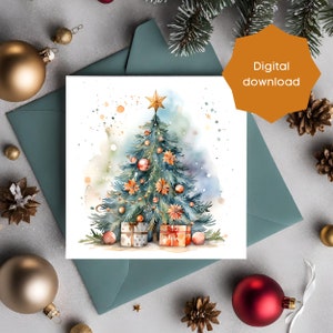Carte imprimable PDF mettant en vedette un magnifique sapin de Noël à l'aquarelle, carte Lastminute, cartes imprimables uniques, cartes de Noël
