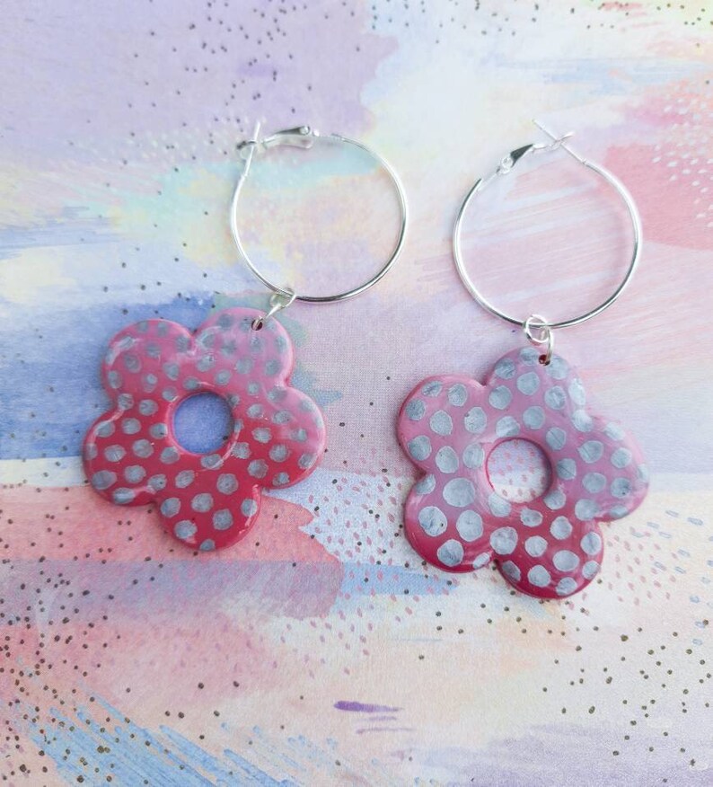 Handmade Polymer Clay Spots Polkadot Pink Ombre Resin Dotty Daisy Flower Hoop Earrings