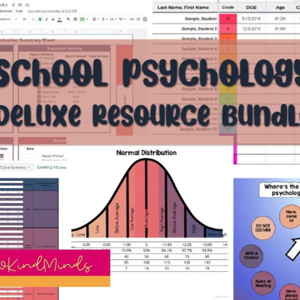 Deluxe School Psychology Resource Bundle: Printables and Spreadsheets Downloads, Normal Curve, Tables, Door Signs, Templates, Planner, PDFs