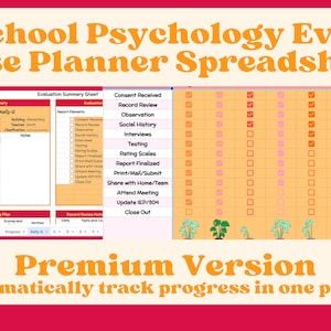 Premium School Psychologist Evaluation Tracker: Case Planning Spreadsheet, Track deadlines, paperwork, documentation, motivation, progress