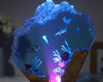 Mermaid Epoxy Resin Night Light,Ocean Personalised Handmade Wood Light,Unique Home Decor Lamp,Handmade Gift for Girls,Birthday Custom Gifts