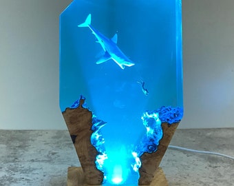 Shark Diver Resin Night Light, Custom Wood Decor