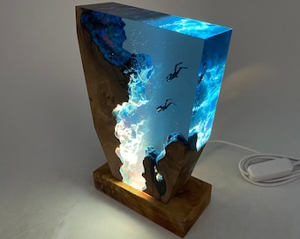 Diver's Night Light, Scuba Diving Deep Sea Exploration, Personalised Epoxy Wooden Light, Unique Spring Decor Gift,  Mothers Day Gifts