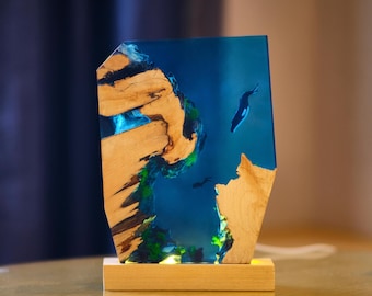 Orca Shark Scuba Diver Resin Night Lamp, Personalized Killer Whale Epoxy Resin Night Light, Handmade Gifts, Ocean Resin Art Wood Lamp